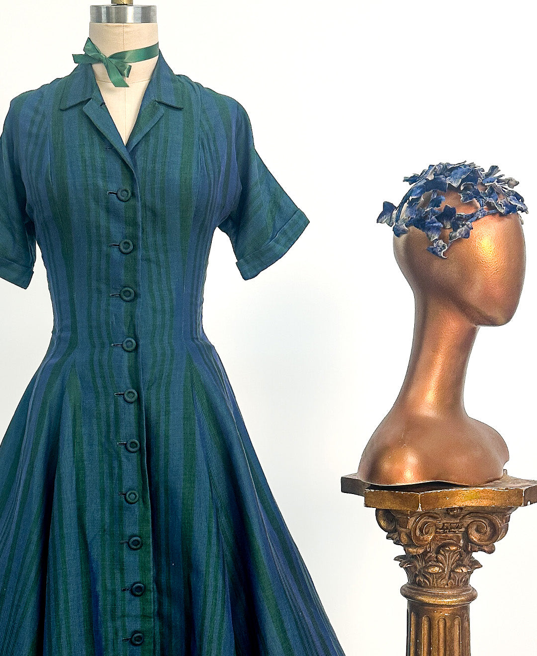 1950s Blue & Green Striped 'New Look' Dress / Waist 26