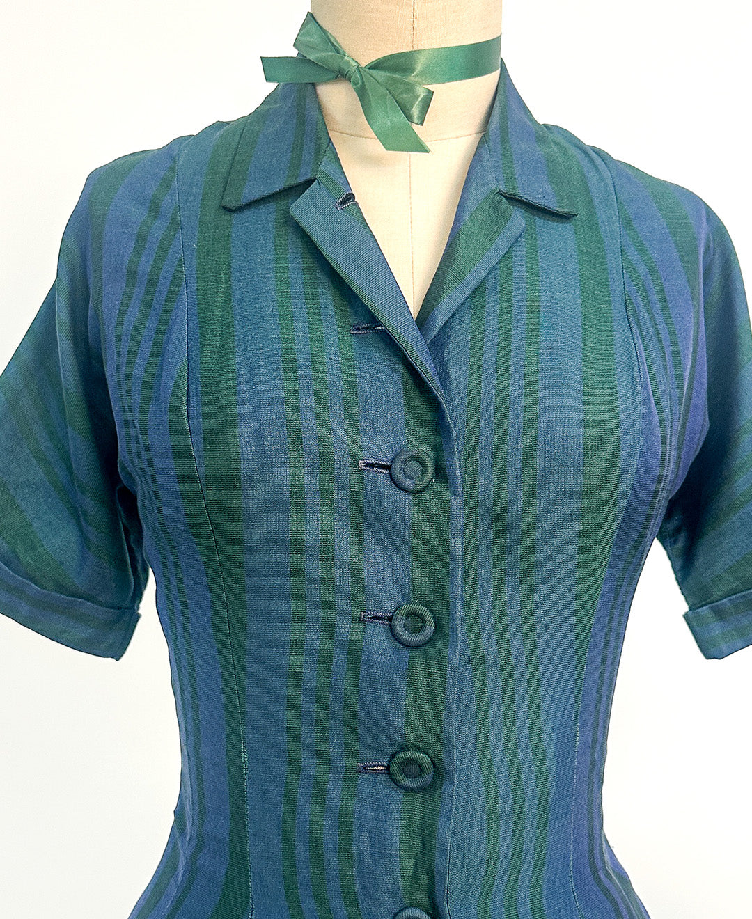 1950s Blue & Green Striped 'New Look' Dress / Waist 26