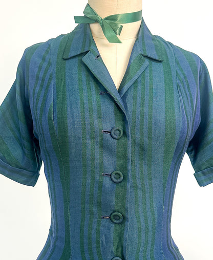 1950s Blue & Green Striped 'New Look' Dress / Waist 26