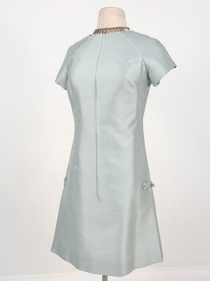 1960s Ice Blue Shantung Shift Dress / Waist 33