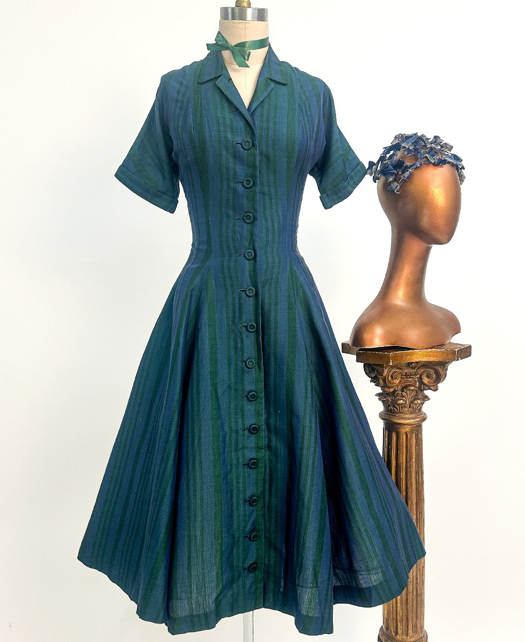 1950s Blue & Green Striped 'New Look' Dress / Waist 26