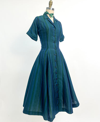 1950s Blue & Green Striped 'New Look' Dress / Waist 26