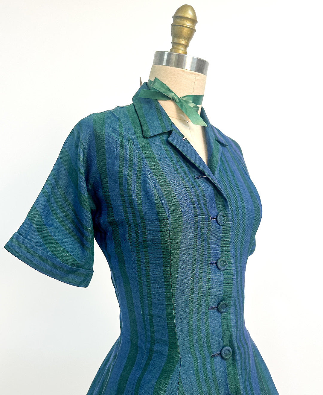 1950s Blue & Green Striped 'New Look' Dress / Waist 26