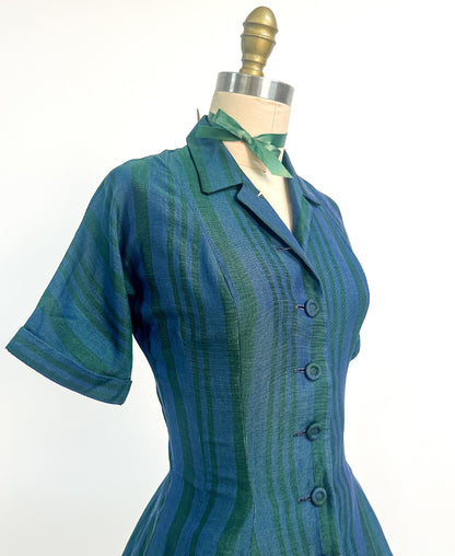 1950s Blue & Green Striped 'New Look' Dress / Waist 26