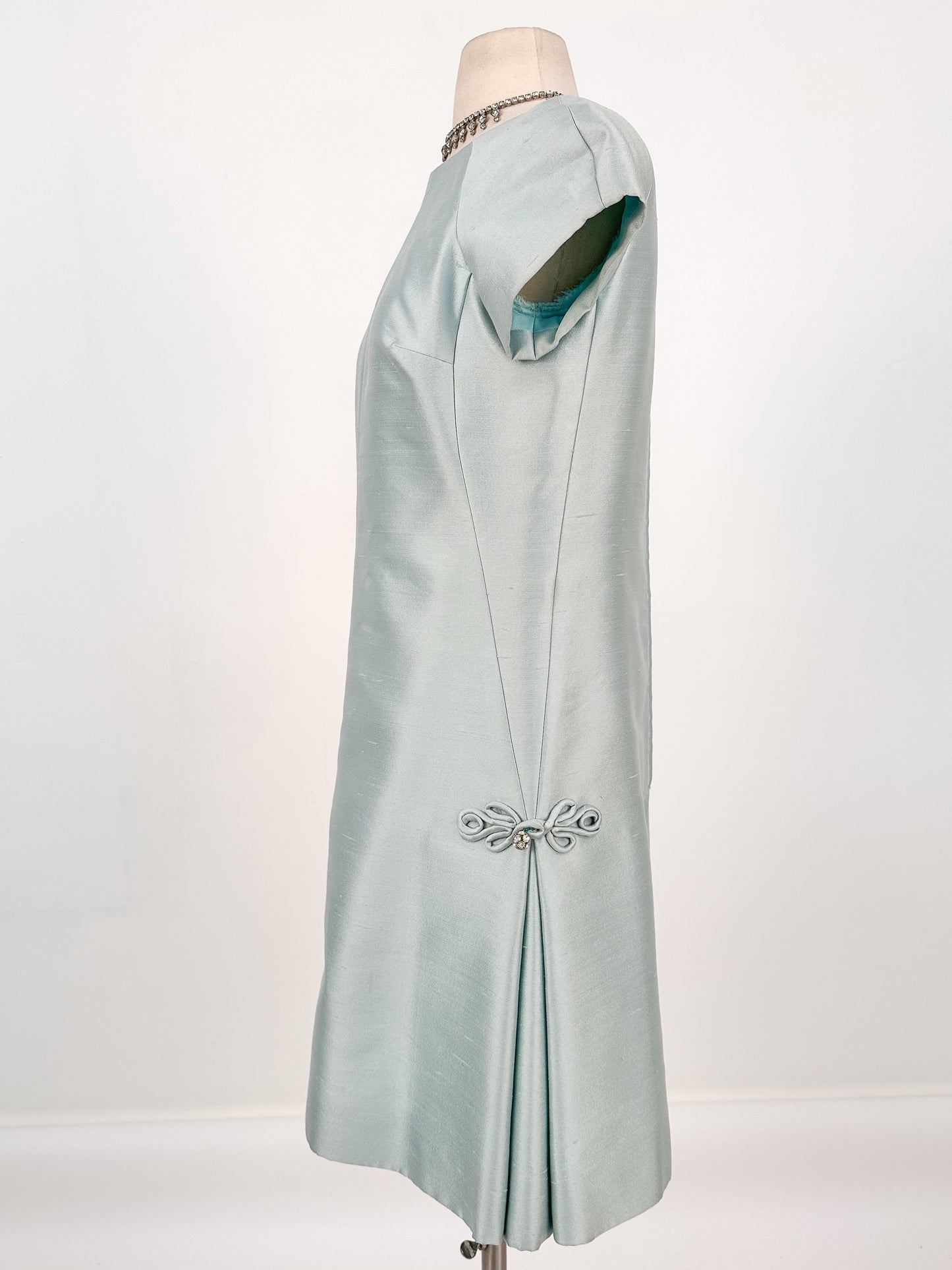 1960s Ice Blue Shantung Shift Dress / Waist 33