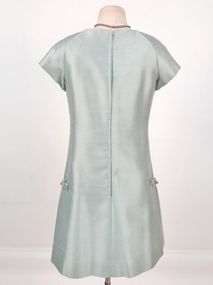 1960s Ice Blue Shantung Shift Dress / Waist 33
