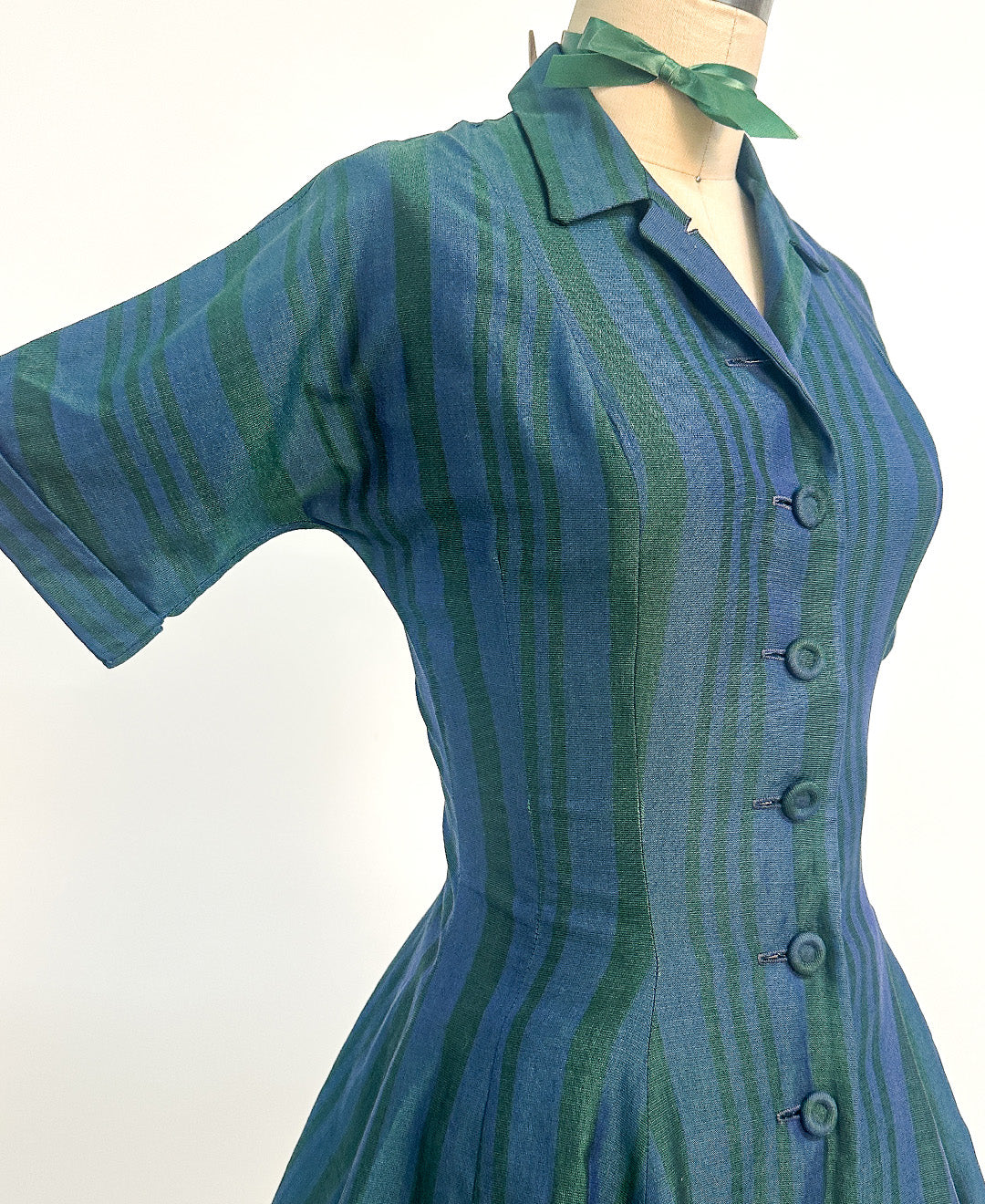 1950s Blue & Green Striped 'New Look' Dress / Waist 26