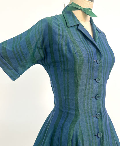 1950s Blue & Green Striped 'New Look' Dress / Waist 26