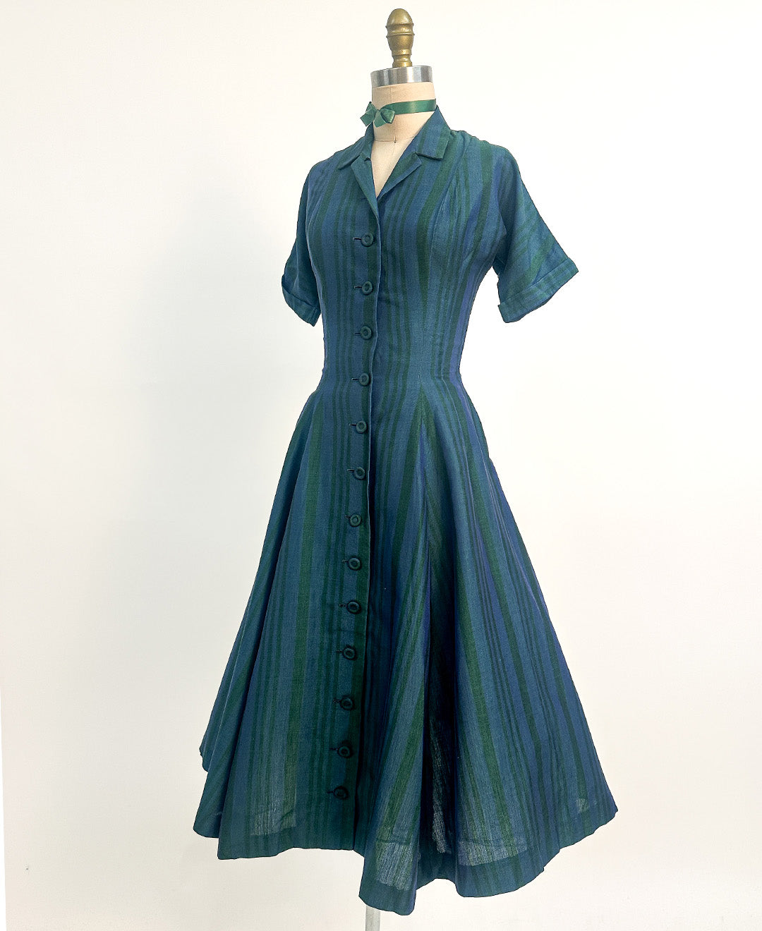 1950s Blue & Green Striped 'New Look' Dress / Waist 26