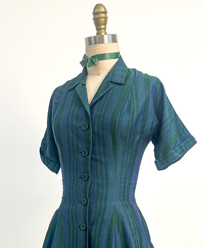 1950s Blue & Green Striped 'New Look' Dress / Waist 26