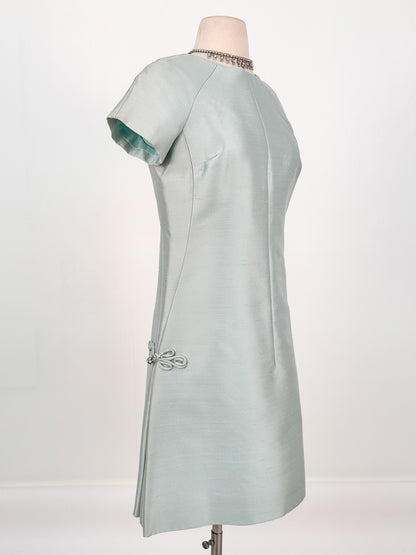 1960s Ice Blue Shantung Shift Dress / Waist 33
