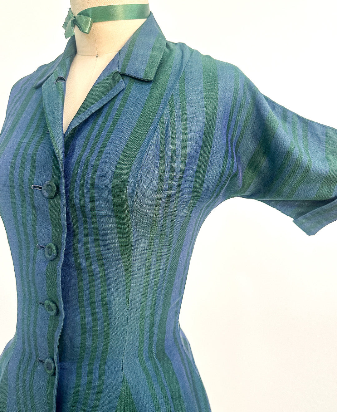 1950s Blue & Green Striped 'New Look' Dress / Waist 26