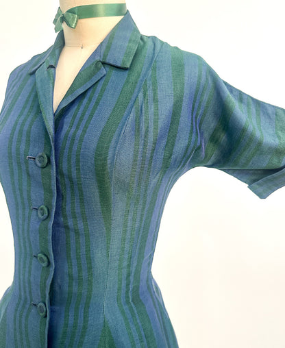 1950s Blue & Green Striped 'New Look' Dress / Waist 26