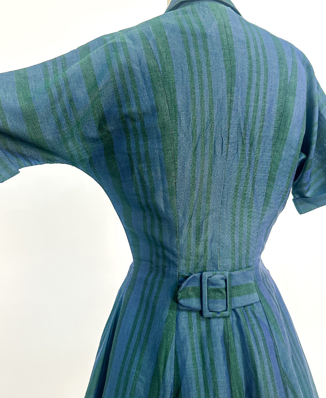 1950s Blue & Green Striped 'New Look' Dress / Waist 26