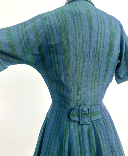 1950s Blue & Green Striped 'New Look' Dress / Waist 26