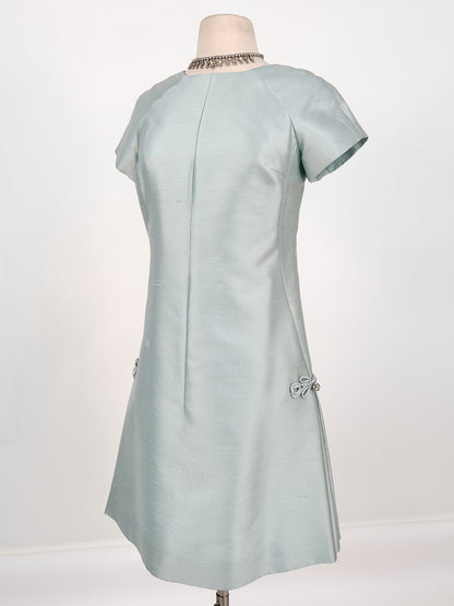 1960s Ice Blue Shantung Shift Dress / Waist 33