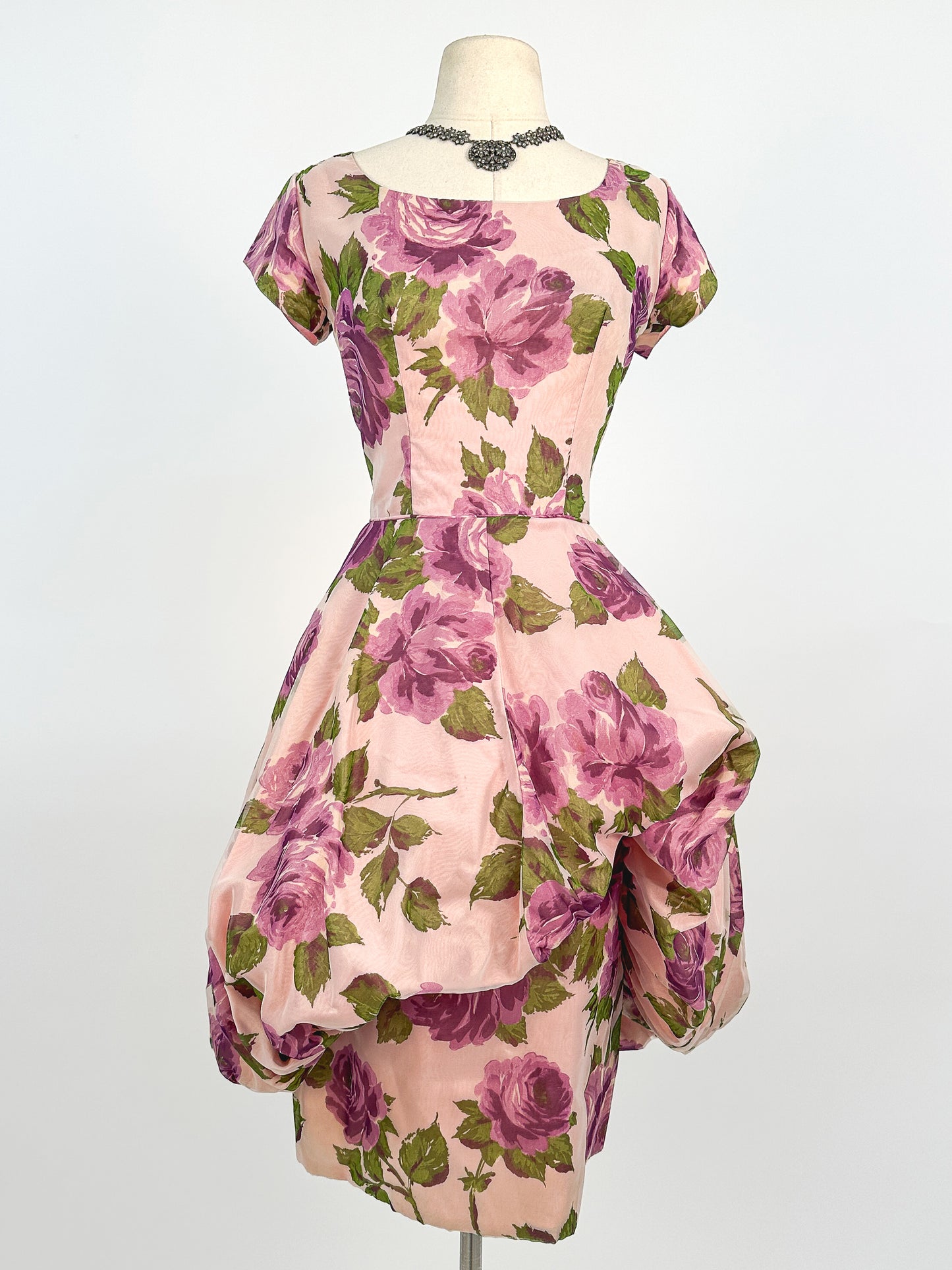 1950s Stunning Purple Rose Dress with Bubble Peplum / Waist 26