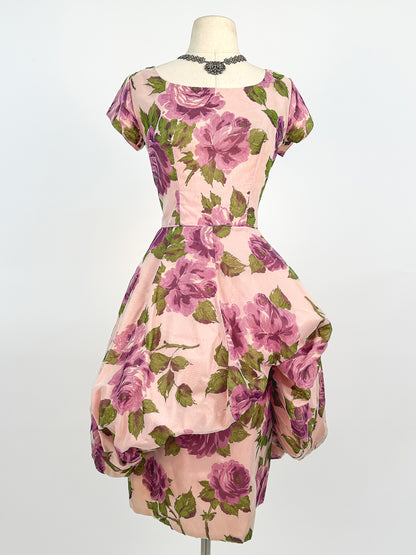 1950s Stunning Purple Rose Dress with Bubble Peplum / Waist 26