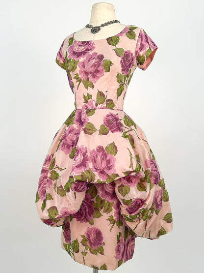 1950s Stunning Purple Rose Dress with Bubble Peplum / Waist 26