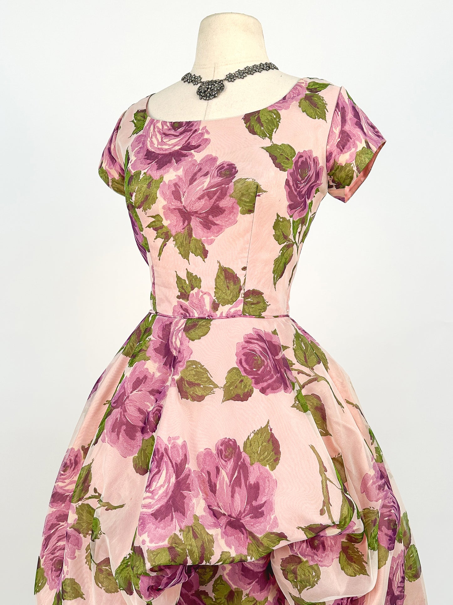 1950s Stunning Purple Rose Dress with Bubble Peplum / Waist 26