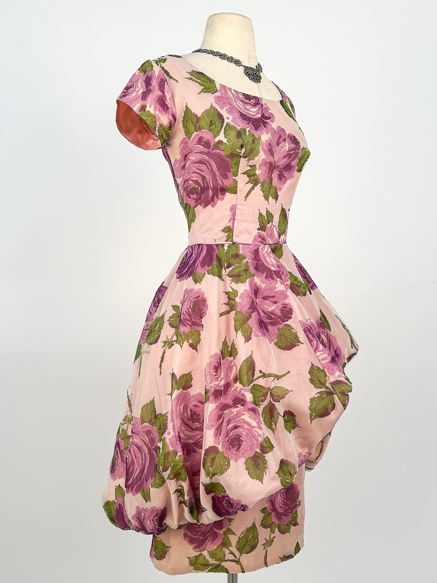 1950s Stunning Purple Rose Dress with Bubble Peplum / Waist 26