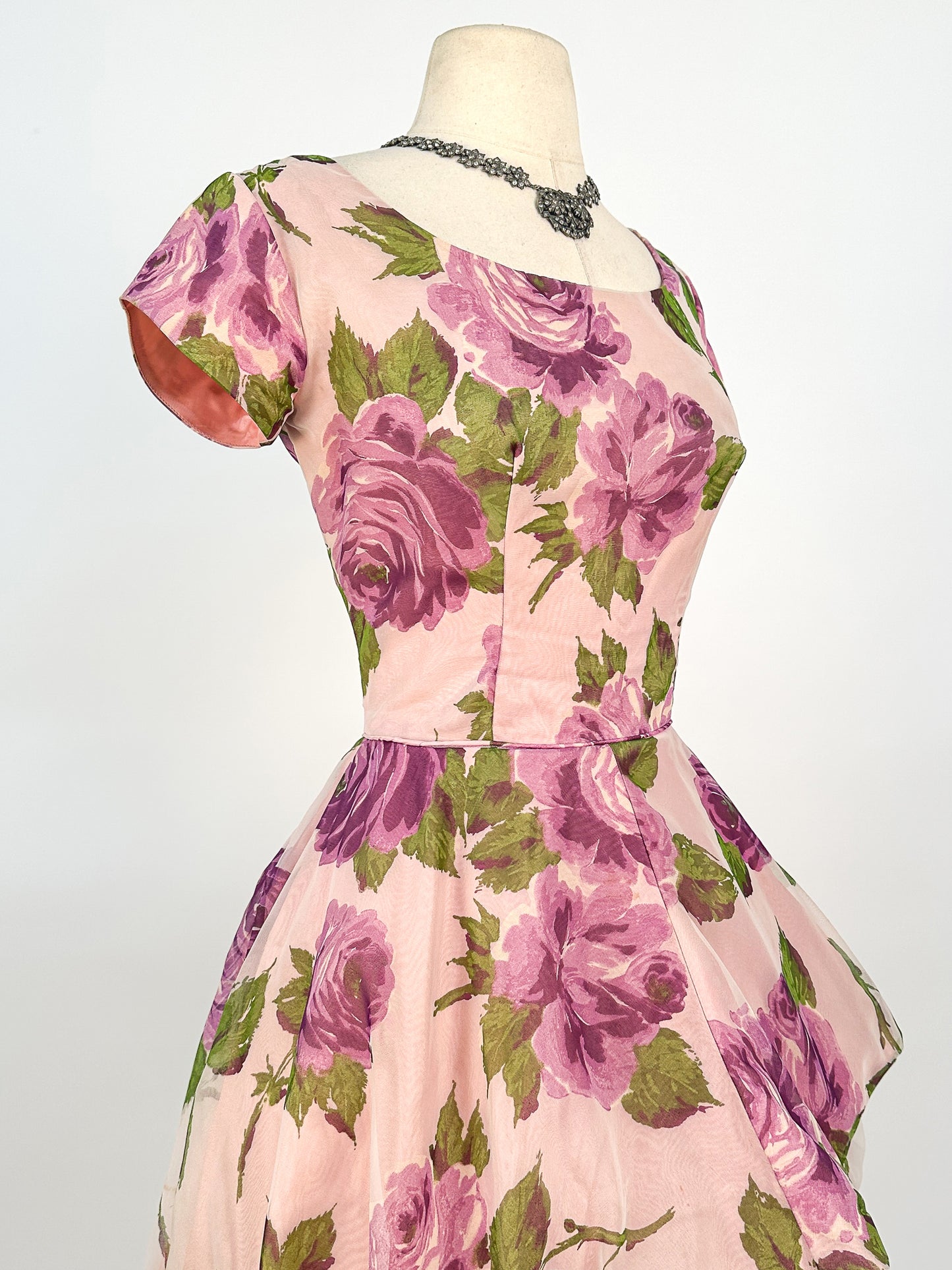 1950s Stunning Purple Rose Dress with Bubble Peplum / Waist 26