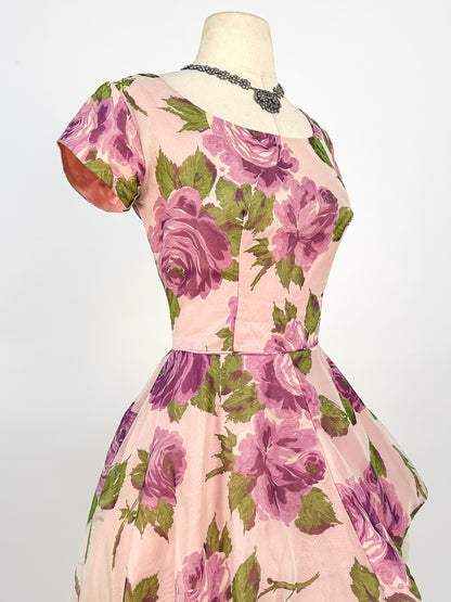 1950s Stunning Purple Rose Dress with Bubble Peplum / Waist 26