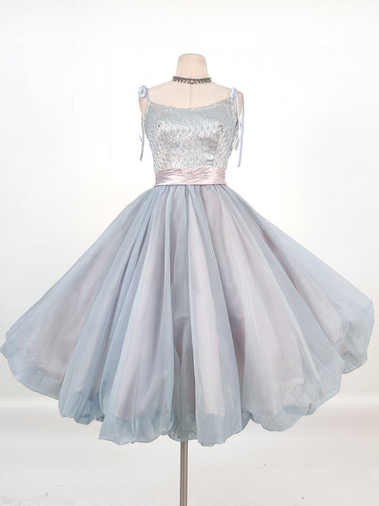 1950s Ice Blue Cinderella Party Dress / Waist 26