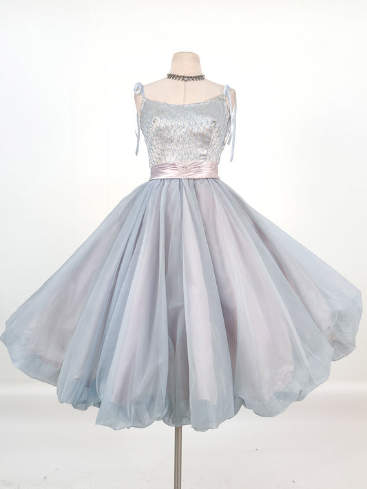 1950s Ice Blue Cinderella Party Dress / Waist 26
