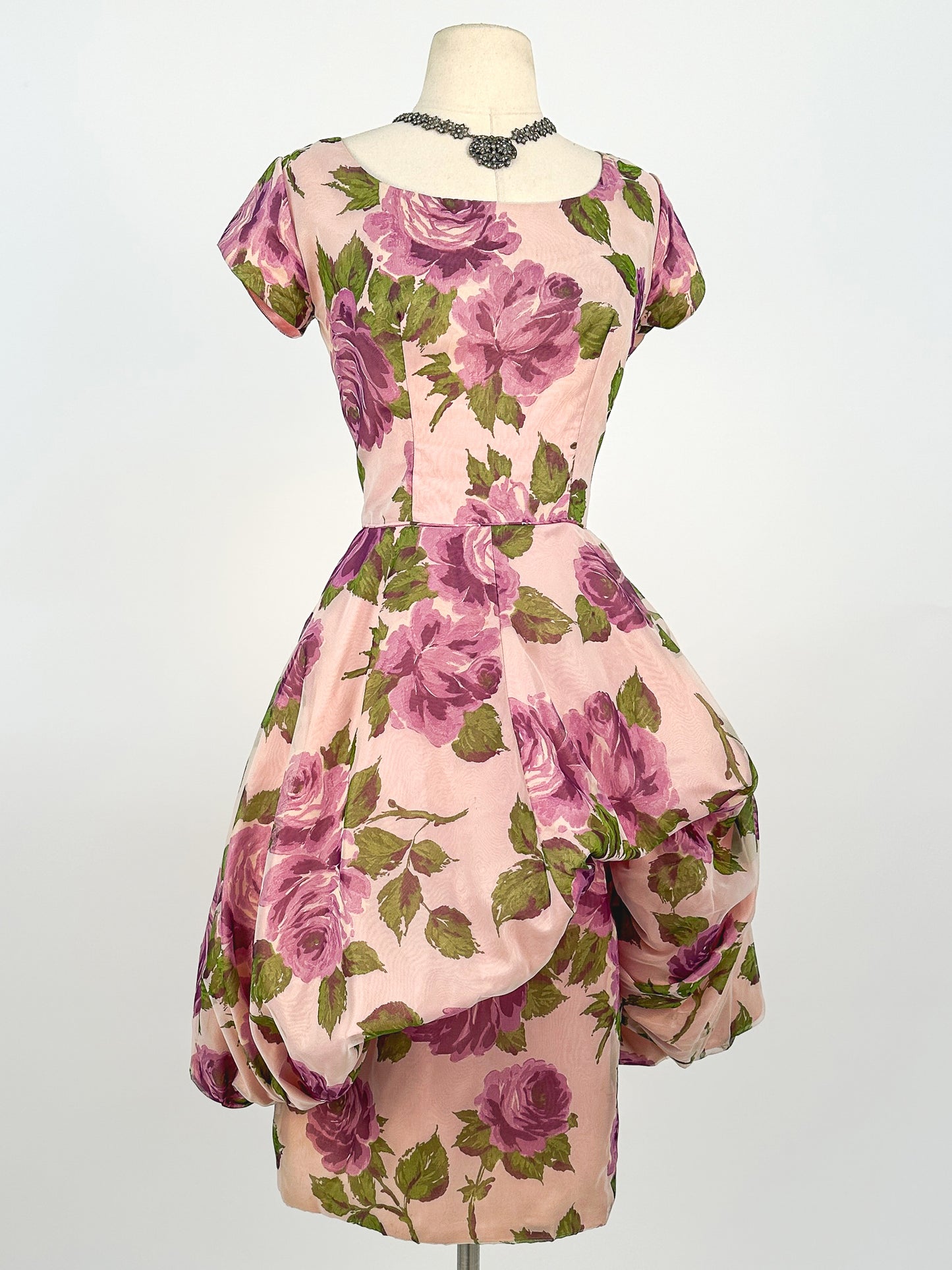 1950s Stunning Purple Rose Dress with Bubble Peplum / Waist 26