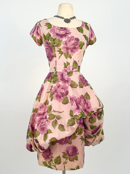 1950s Stunning Purple Rose Dress with Bubble Peplum / Waist 26