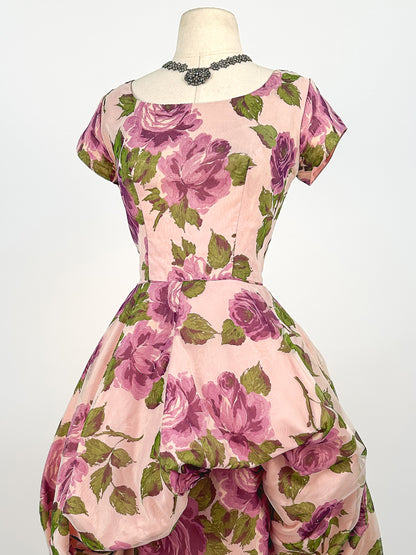 1950s Stunning Purple Rose Dress with Bubble Peplum / Waist 26