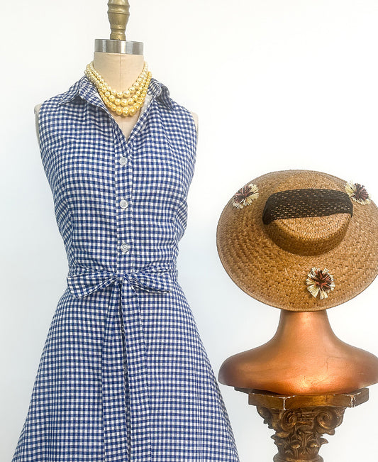 1990s Blue Gingham Cotton Button Up Dress / Waist 34"