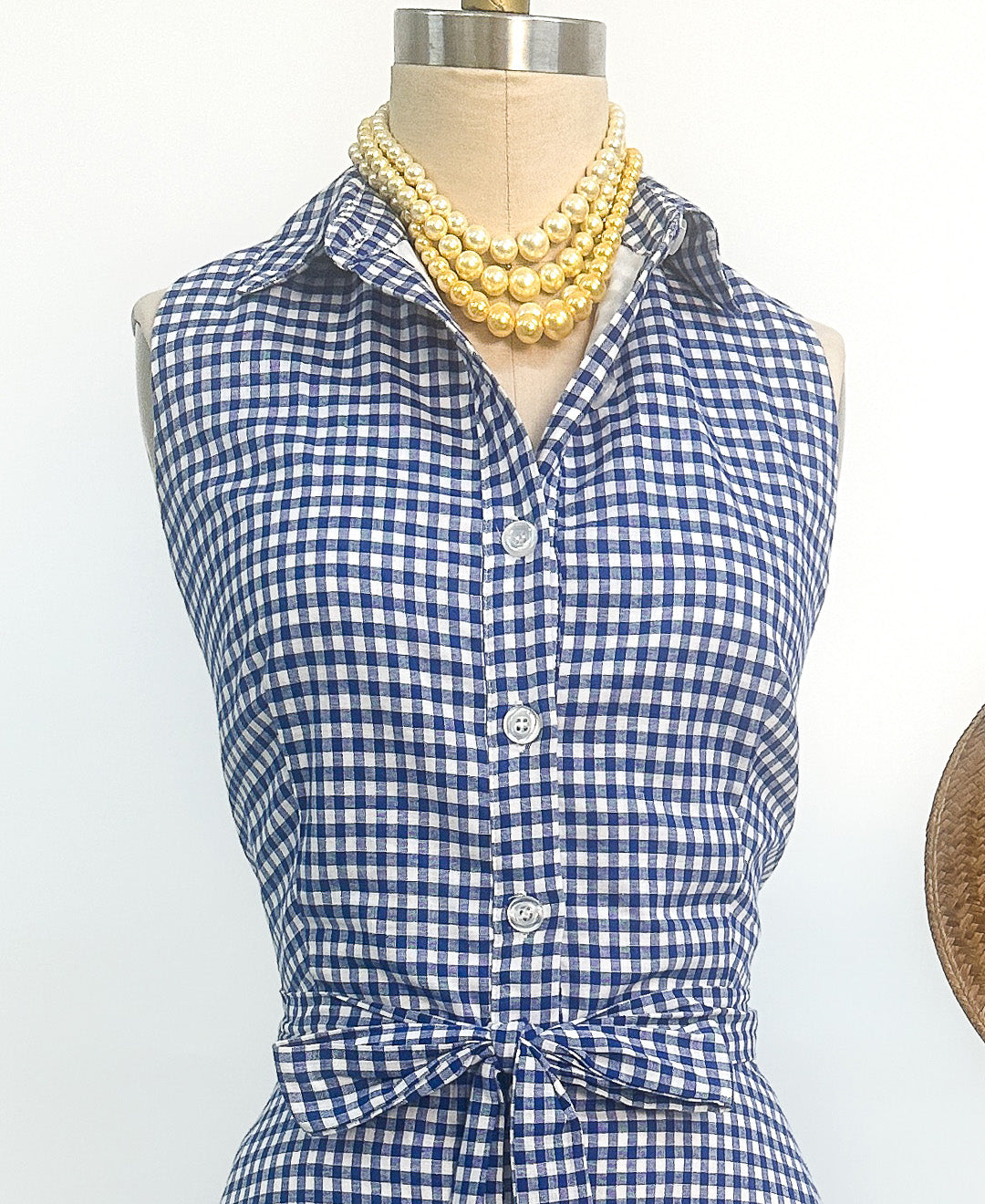 1990s Blue Gingham Cotton Button Up Dress / Waist 34"