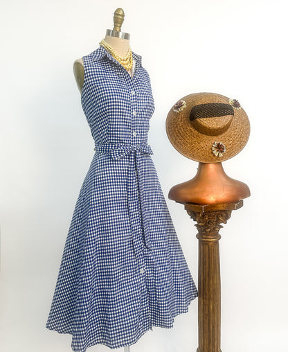 1990s Blue Gingham Cotton Button Up Dress / Waist 34"