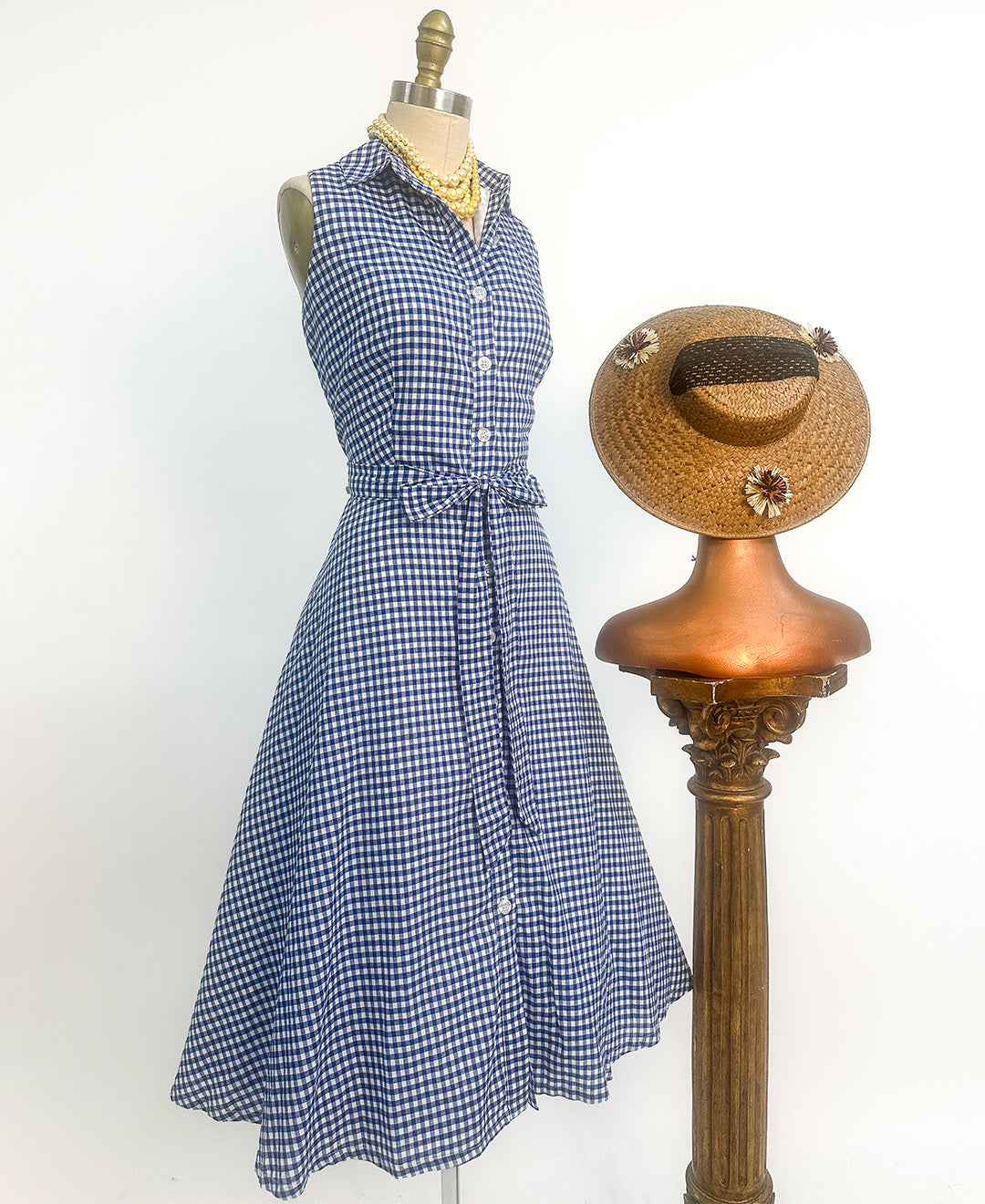 1990s Blue Gingham Cotton Button Up Dress / Waist 34"