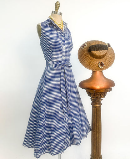 1990s Blue Gingham Cotton Button Up Dress / Waist 34"