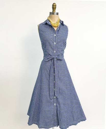 1990s Blue Gingham Cotton Button Up Dress / Waist 34"