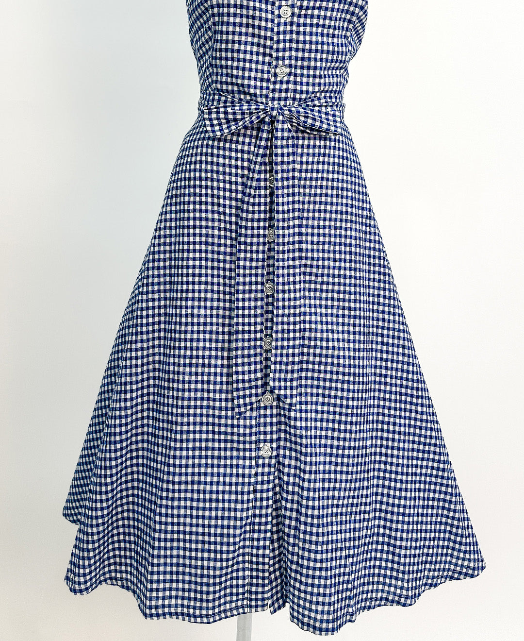 1990s Blue Gingham Cotton Button Up Dress / Waist 34"