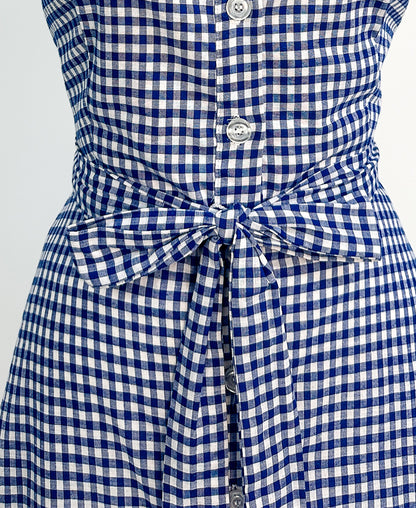 1990s Blue Gingham Cotton Button Up Dress / Waist 34"