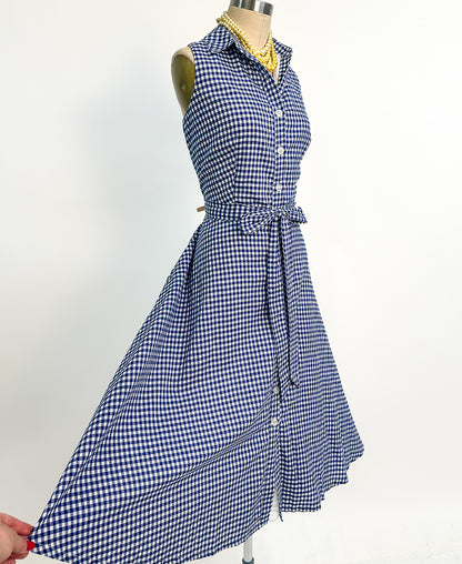 1990s Blue Gingham Cotton Button Up Dress / Waist 34"