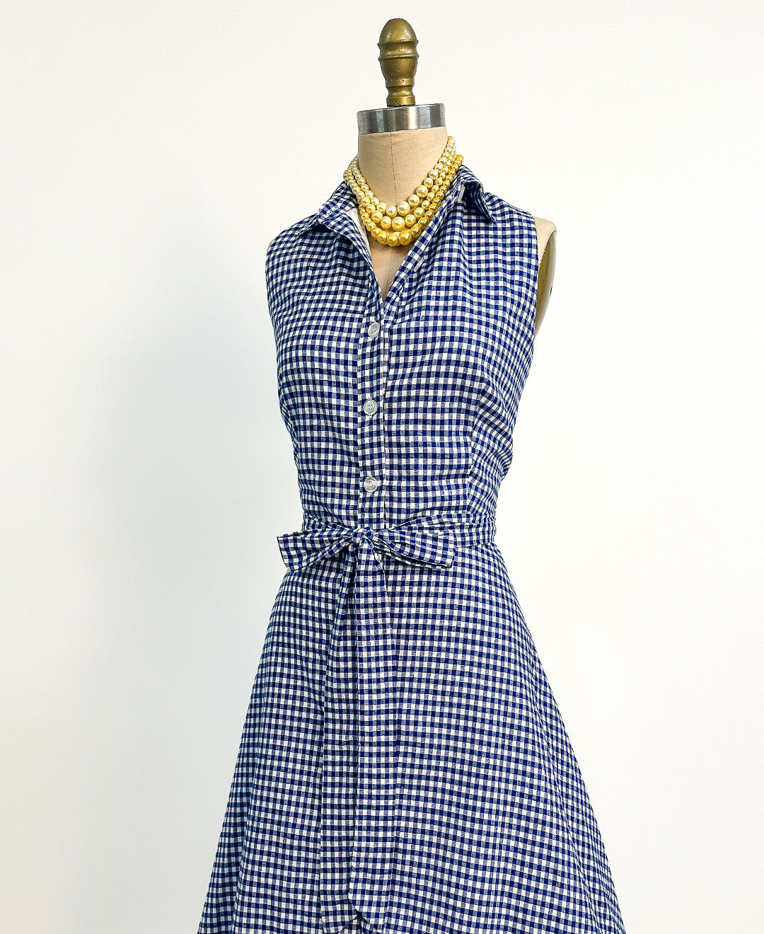 1990s Blue Gingham Cotton Button Up Dress / Waist 34"