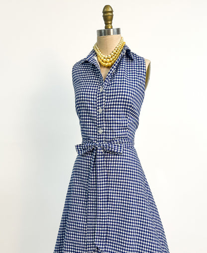 1990s Blue Gingham Cotton Button Up Dress / Waist 34"