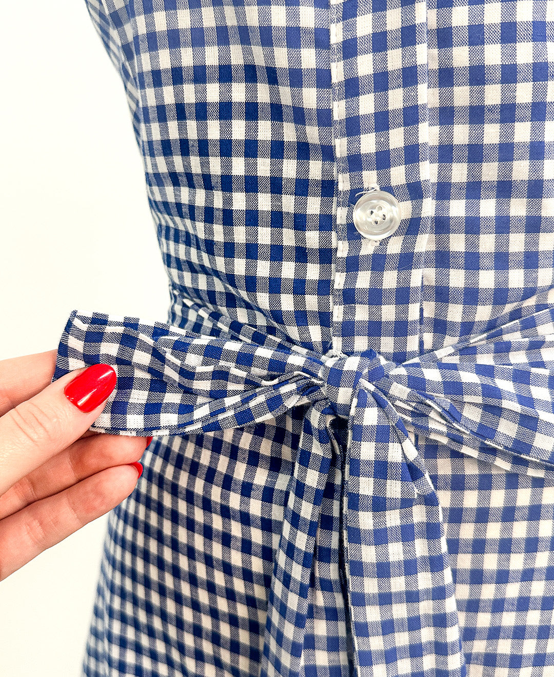 1990s Blue Gingham Cotton Button Up Dress / Waist 34"