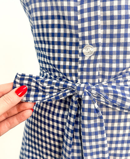1990s Blue Gingham Cotton Button Up Dress / Waist 34"