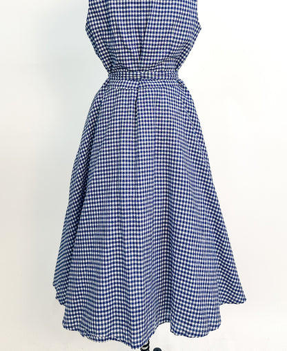 1990s Blue Gingham Cotton Button Up Dress / Waist 34"