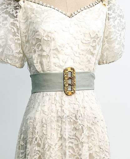 1970s White Lace Gown with Puffy Sleeves / Waist 26