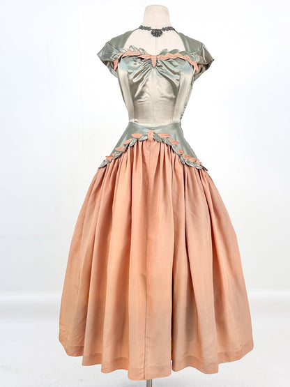 Late 1940s Sage Green Liquid Satin and Tan Leafed Trimmed Evening Gown / Waist 26