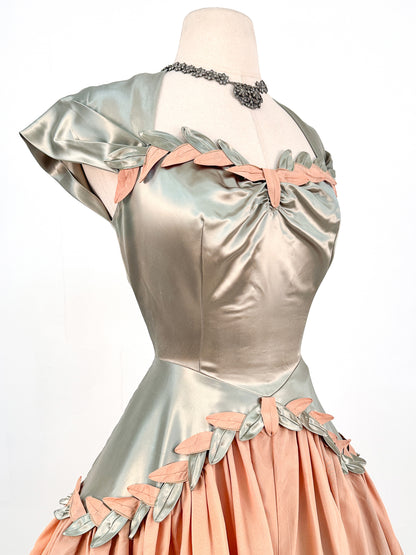 Late 1940s Sage Green Liquid Satin and Tan Leafed Trimmed Evening Gown / Waist 26