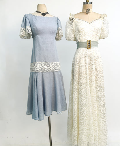 1970s White Lace Gown with Puffy Sleeves / Waist 26